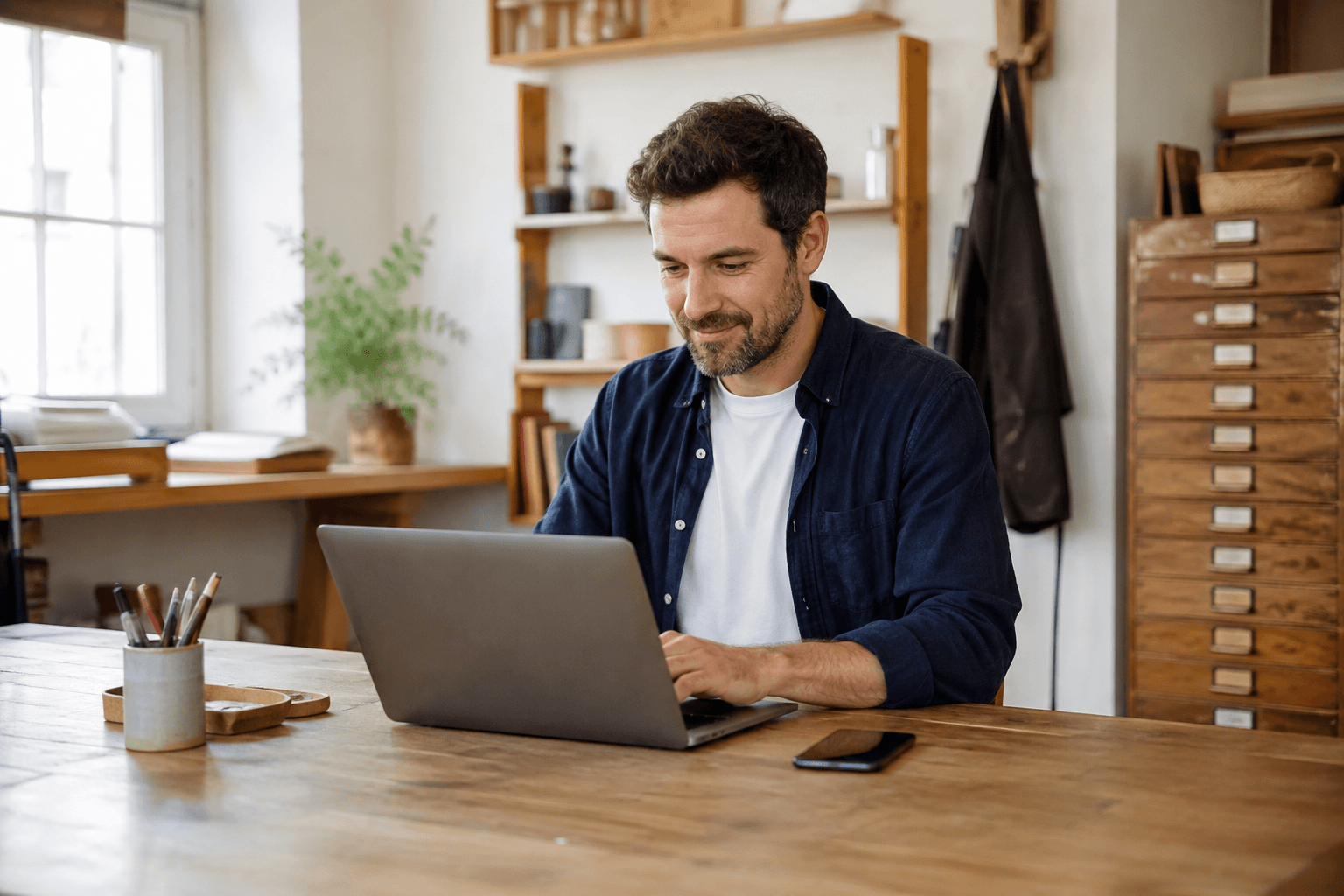 A small-business owner works on a laptop with a smartphone ready on the table.