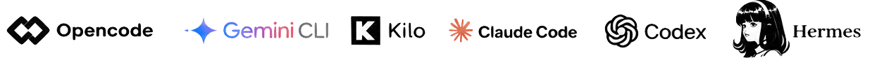 Opencode, Gemini CLI, Kilo, Claude Code, Codex, Hermes
